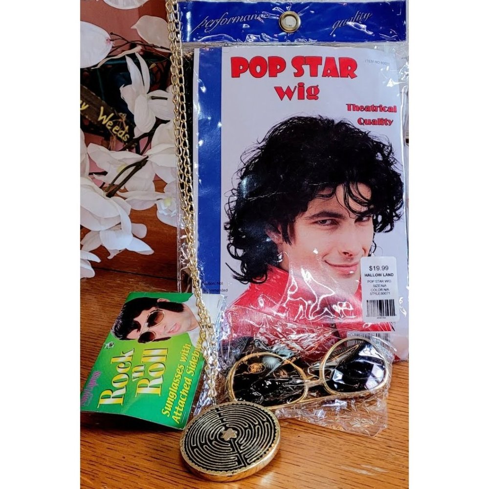 Men’s Costume Halloween Elvis Wig, sunglasses attached sideburns, medallion NWIB